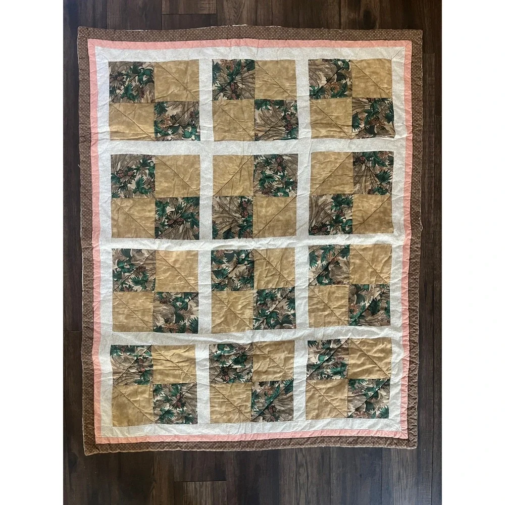 Handmade Reversible Patchwork Quilt Tropical Bird Floral Brown Pink 48